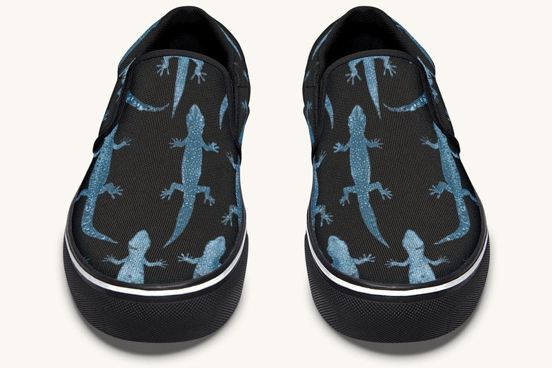 March of the Lizards Blue Black Slip On Shoes - Jaded Lament