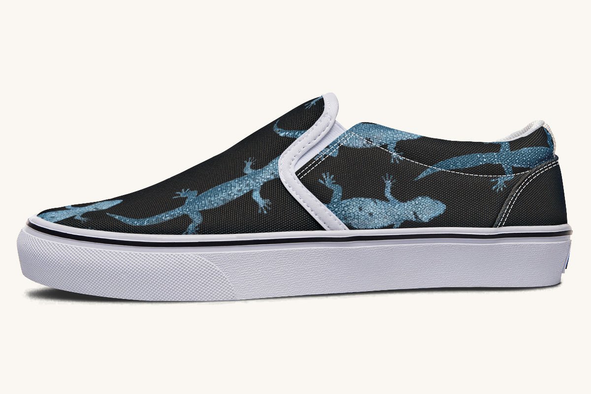 March of the Lizards Blue Black Slip On Shoes - Jaded Lament