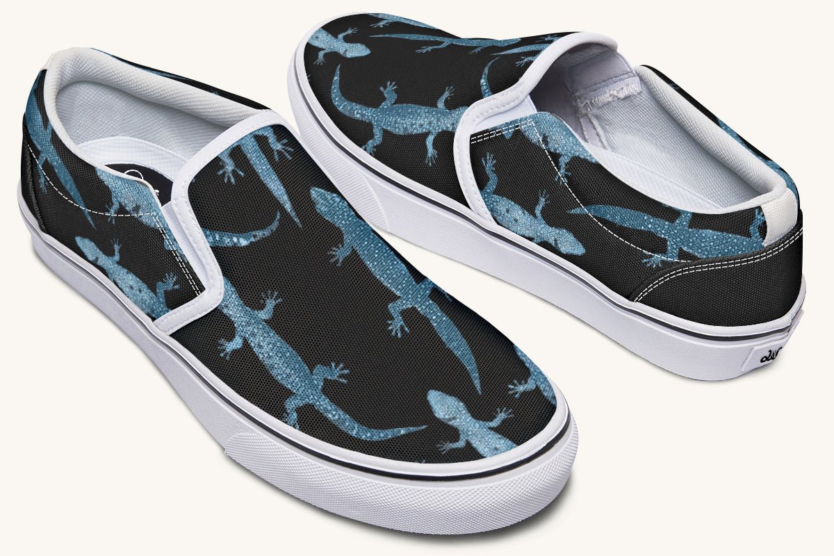 March of the Lizards Blue Black Slip On Shoes - Jaded Lament