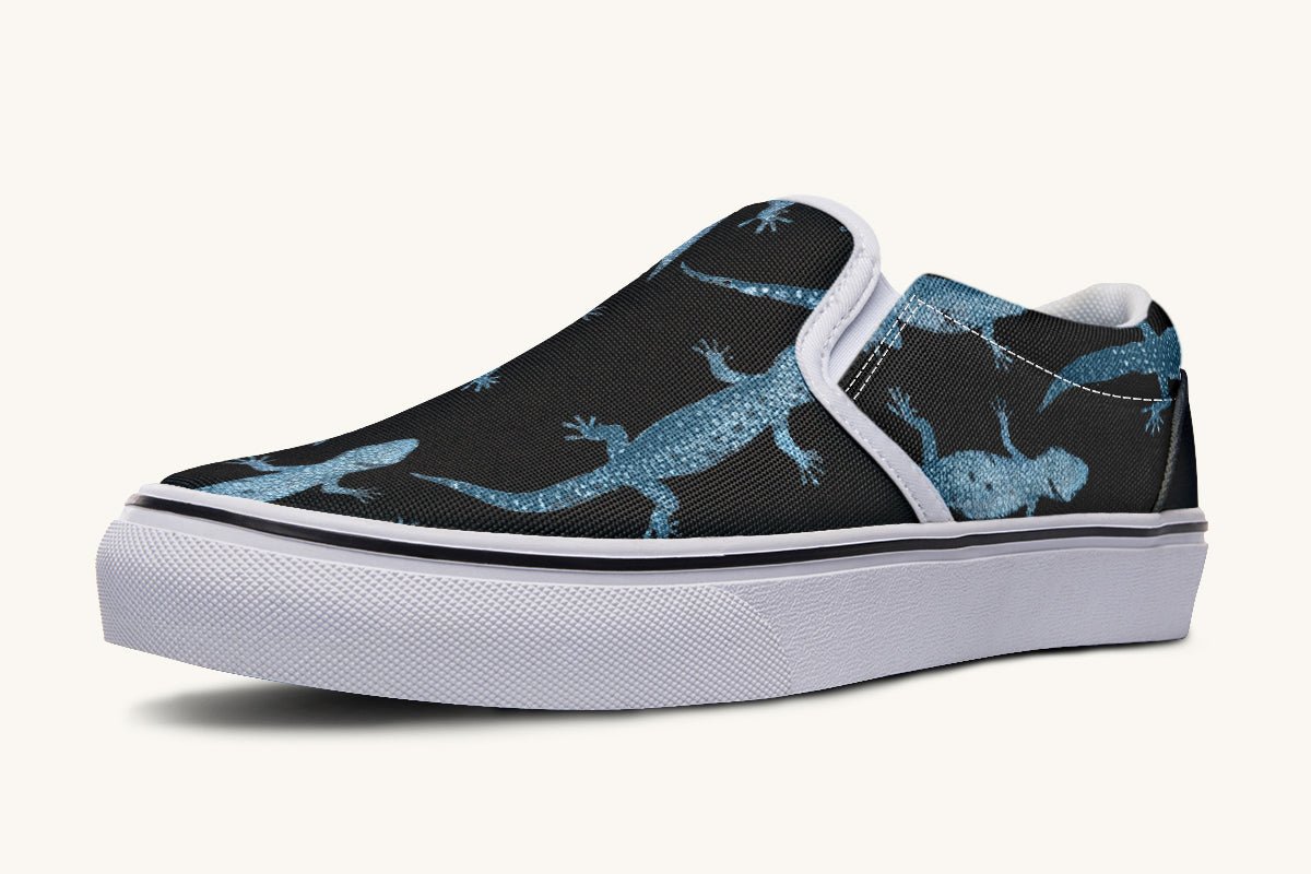 March of the Lizards Blue Black Slip On Shoes - Jaded Lament