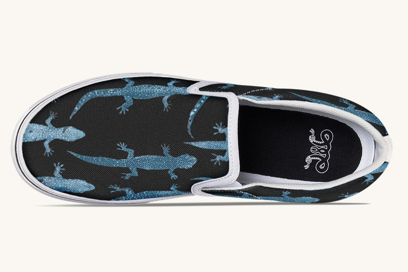 March of the Lizards Blue Black Slip On Shoes - Jaded Lament