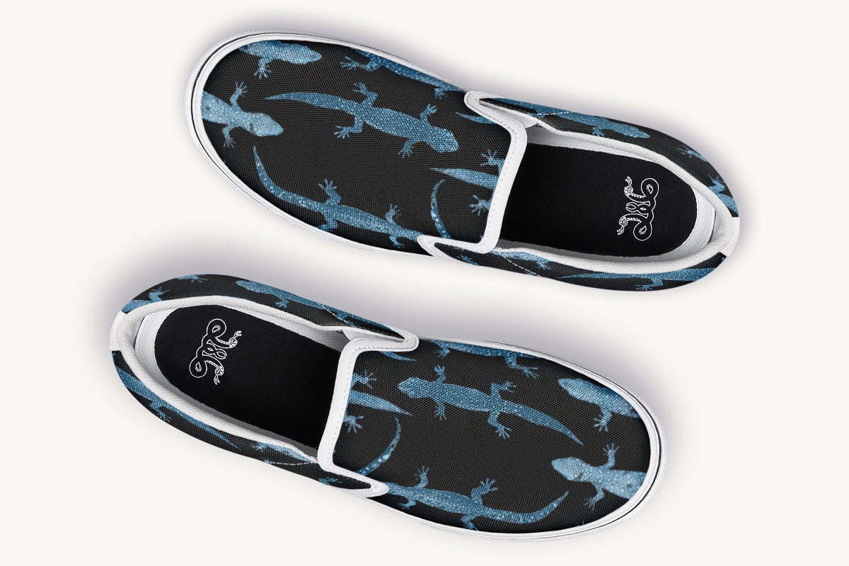 March of the Lizards Blue Black Slip On Shoes - Jaded Lament