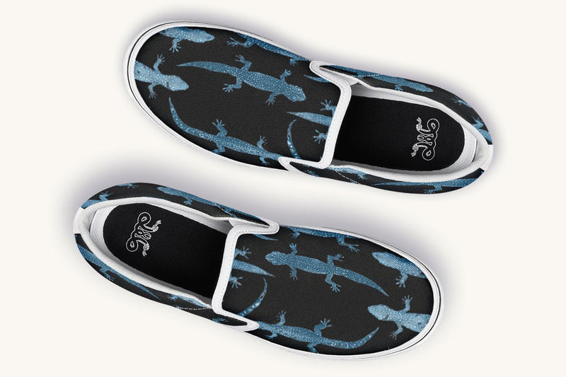 March of the Lizards Blue Black Slip On Shoes - Jaded Lament