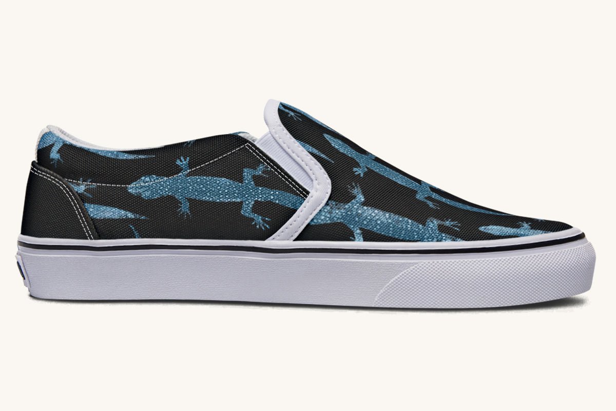 March of the Lizards Blue Black Slip On Shoes - Jaded Lament