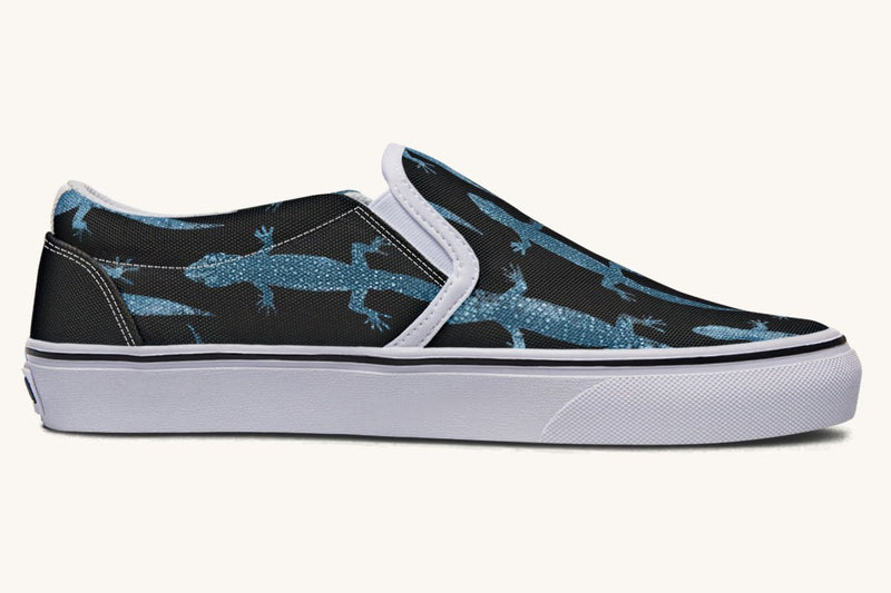 March of the Lizards Blue Black Slip On Shoes - Jaded Lament