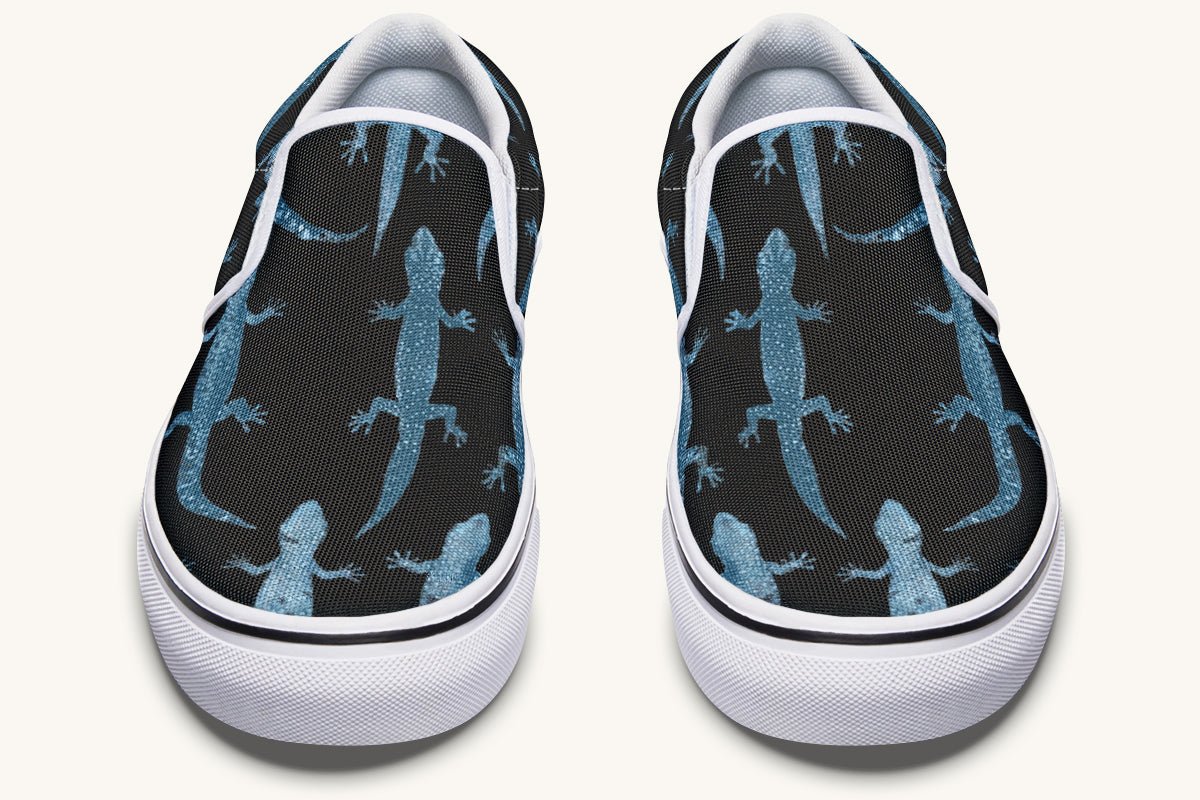 March of the Lizards Blue Black Slip On Shoes - Jaded Lament