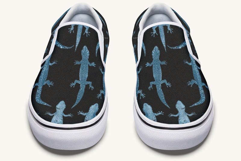 March of the Lizards Blue Black Slip On Shoes - Jaded Lament