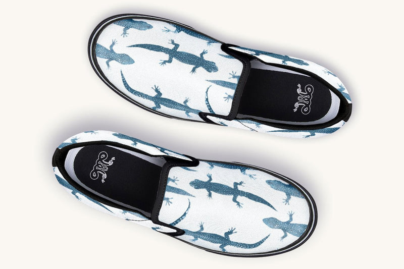 March of the Lizards Blue White Slip On Shoes - Jaded Lament