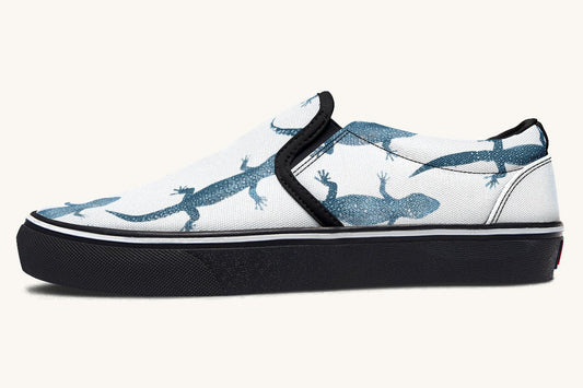 March of the Lizards Blue White Slip On Shoes - Jaded Lament