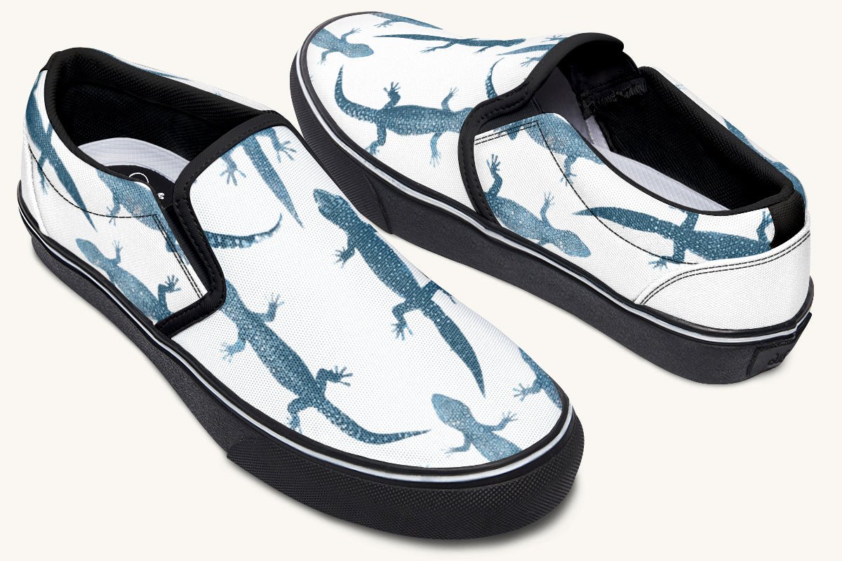 March of the Lizards Blue White Slip On Shoes - Jaded Lament