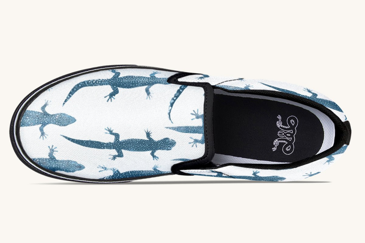 March of the Lizards Blue White Slip On Shoes - Jaded Lament