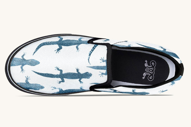 March of the Lizards Blue White Slip On Shoes - Jaded Lament