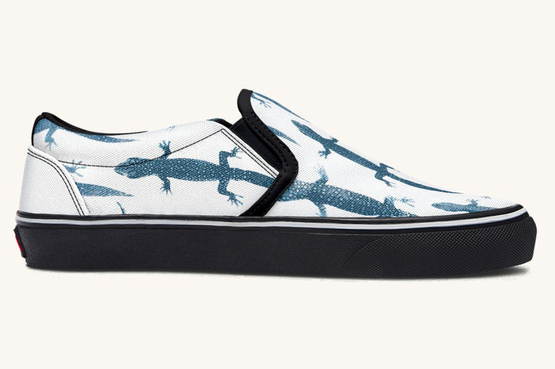 March of the Lizards Blue White Slip On Shoes - Jaded Lament