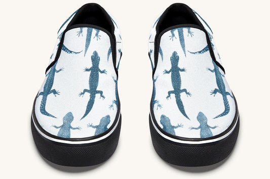 March of the Lizards Blue White Slip On Shoes - Jaded Lament