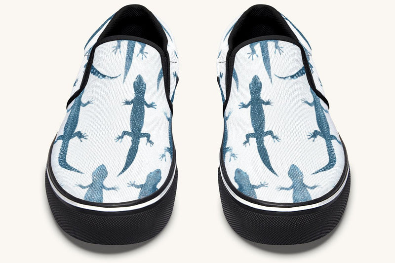 March of the Lizards Blue White Slip On Shoes - Jaded Lament