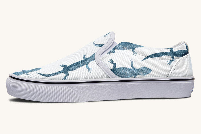 March of the Lizards Blue White Slip On Shoes - Jaded Lament