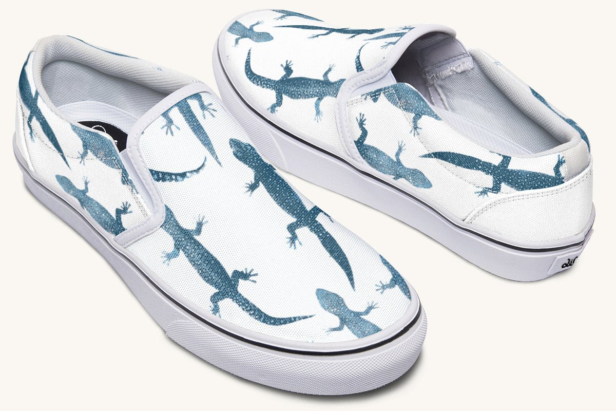 March of the Lizards Blue White Slip On Shoes - Jaded Lament