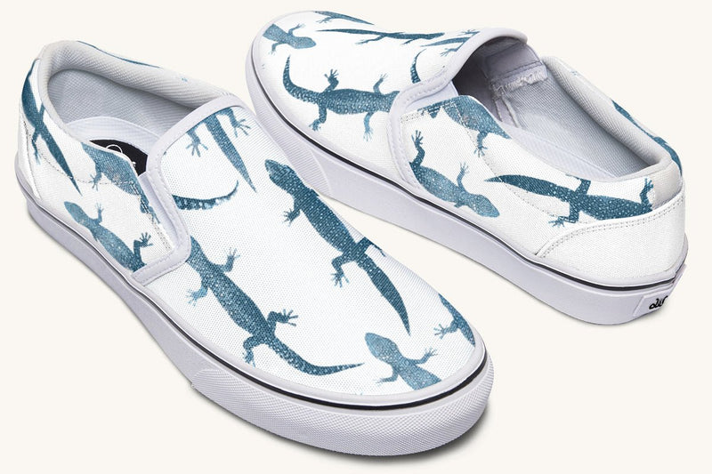 March of the Lizards Blue White Slip On Shoes - Jaded Lament