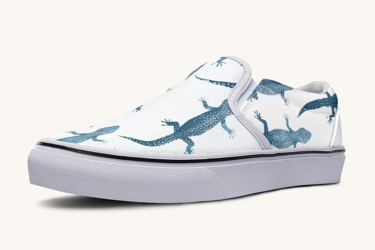 March of the Lizards Blue White Slip On Shoes - Jaded Lament