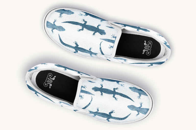 March of the Lizards Blue White Slip On Shoes - Jaded Lament