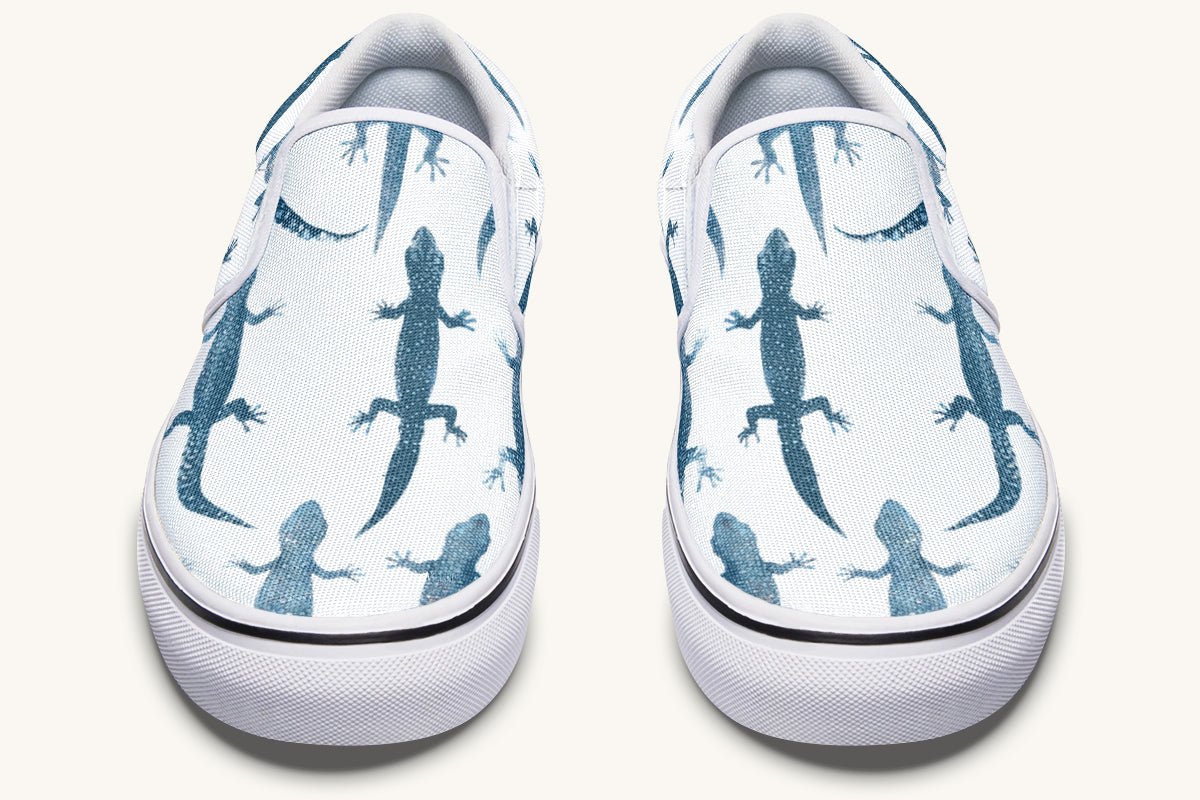 March of the Lizards Blue White Slip On Shoes - Jaded Lament