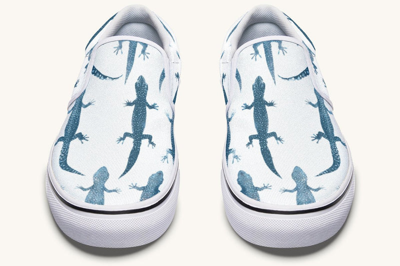 March of the Lizards Blue White Slip On Shoes - Jaded Lament