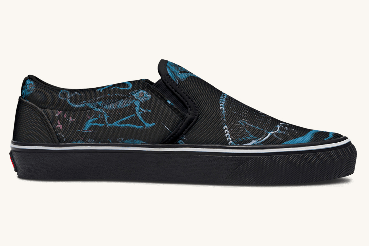 Reptilian In Bloom Black and Blue Slip On Shoes - Jaded Lament