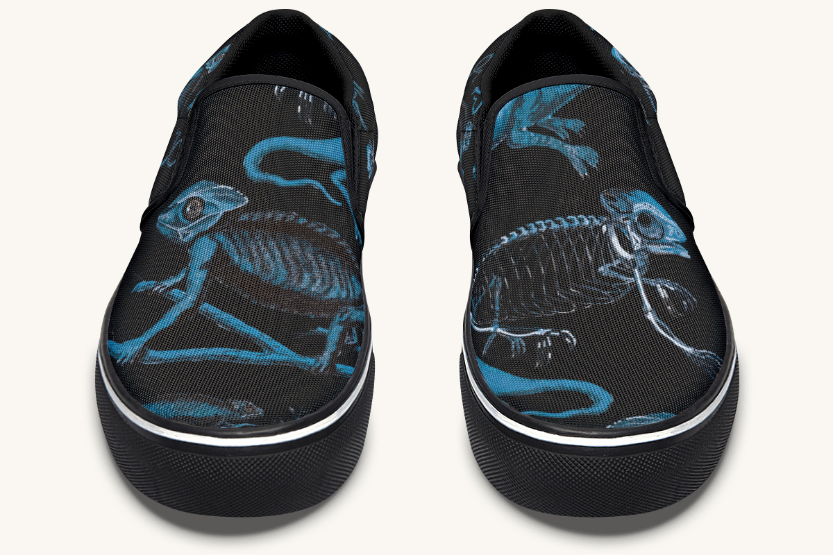 Reptilian In Bloom Black and Blue Slip On Shoes - Jaded Lament