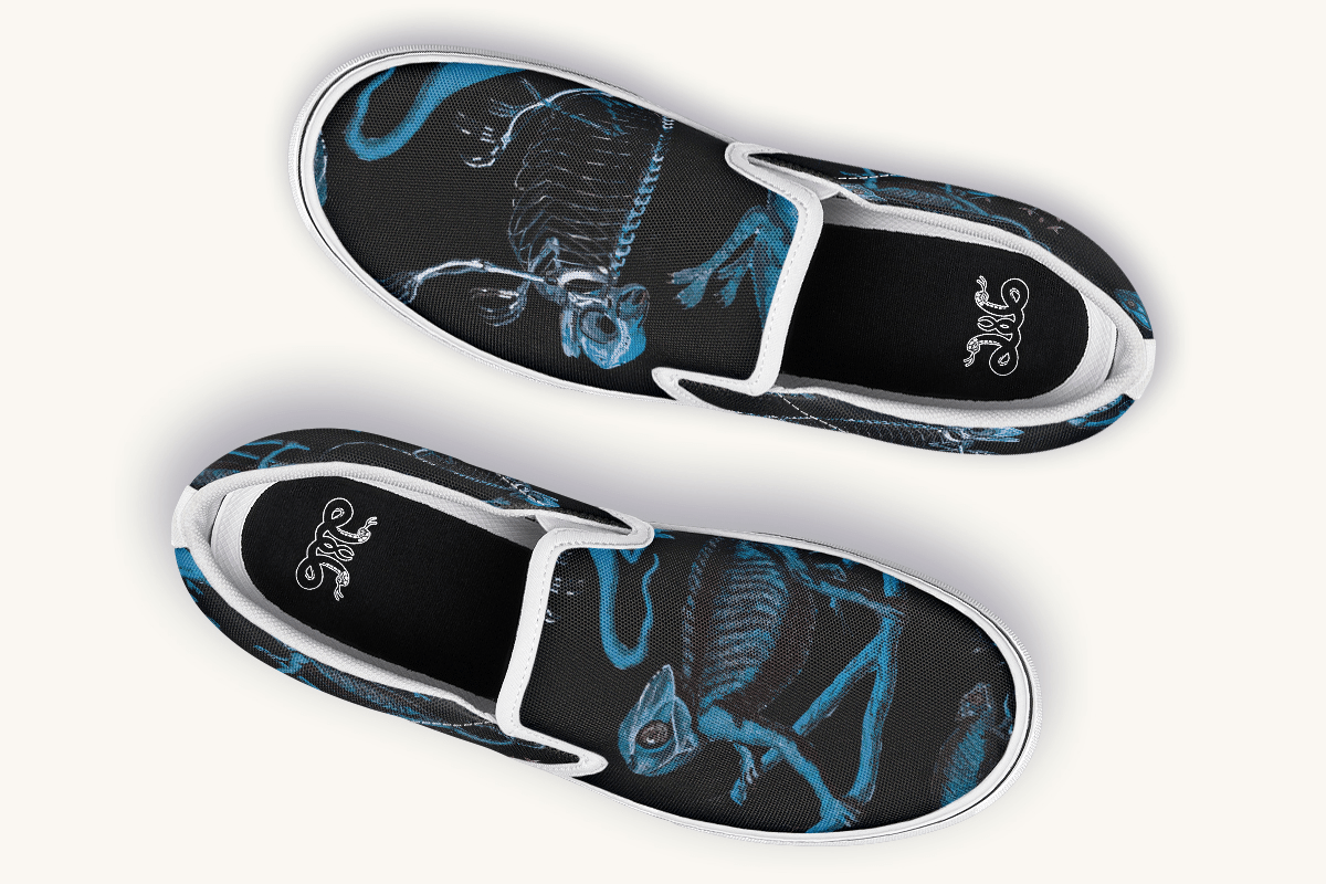 Reptilian In Bloom Black and Blue Slip On Shoes - Jaded Lament