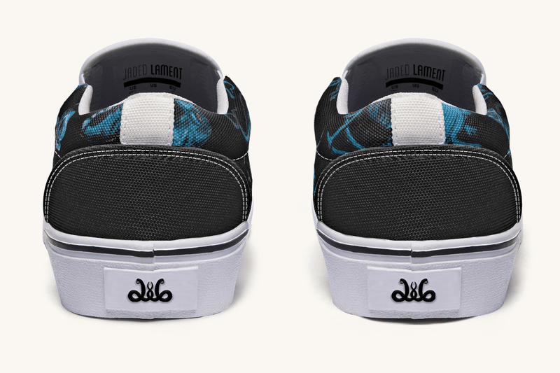 Reptilian In Bloom Black and Blue Slip On Shoes - Jaded Lament