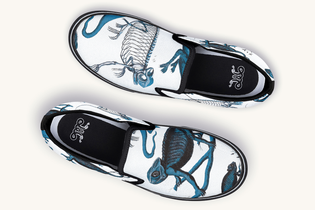 Reptilian In Bloom Blue on White Slip On Shoes - Jaded Lament