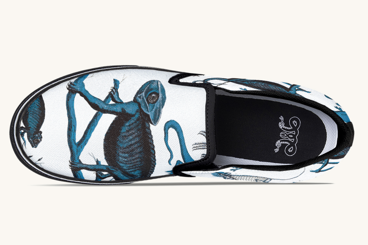 Reptilian In Bloom Blue on White Slip On Shoes - Jaded Lament
