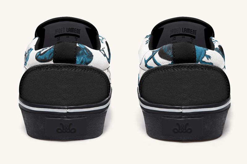 Reptilian In Bloom Blue on White Slip On Shoes - Jaded Lament