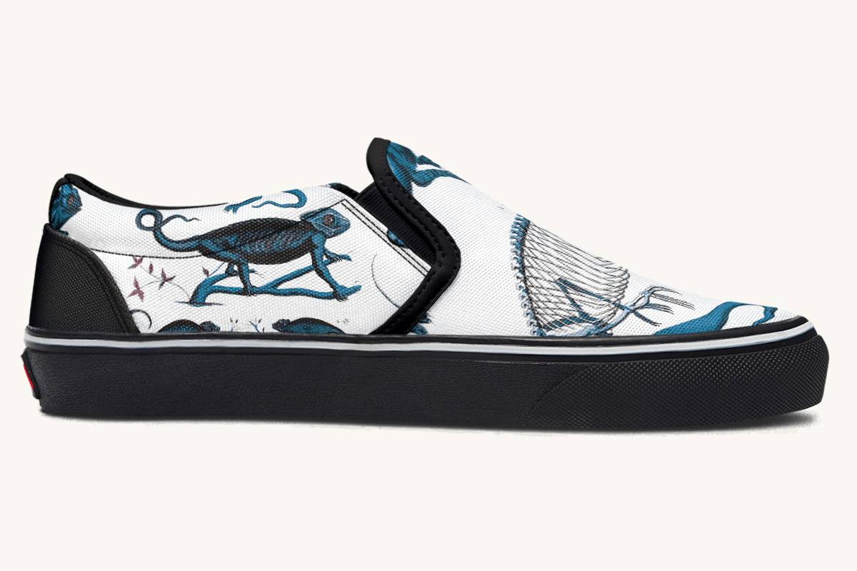 Reptilian In Bloom Blue on White Slip On Shoes - Jaded Lament