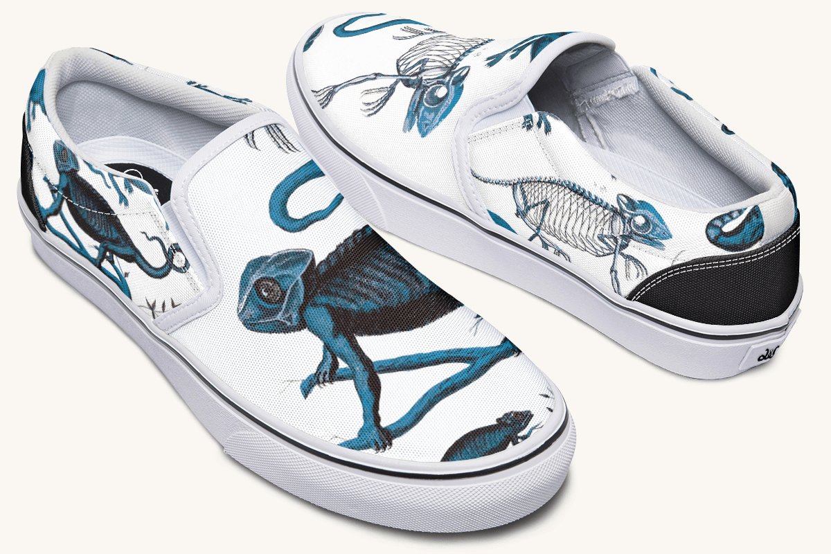 Reptilian In Bloom Blue on White Slip On Shoes - Jaded Lament