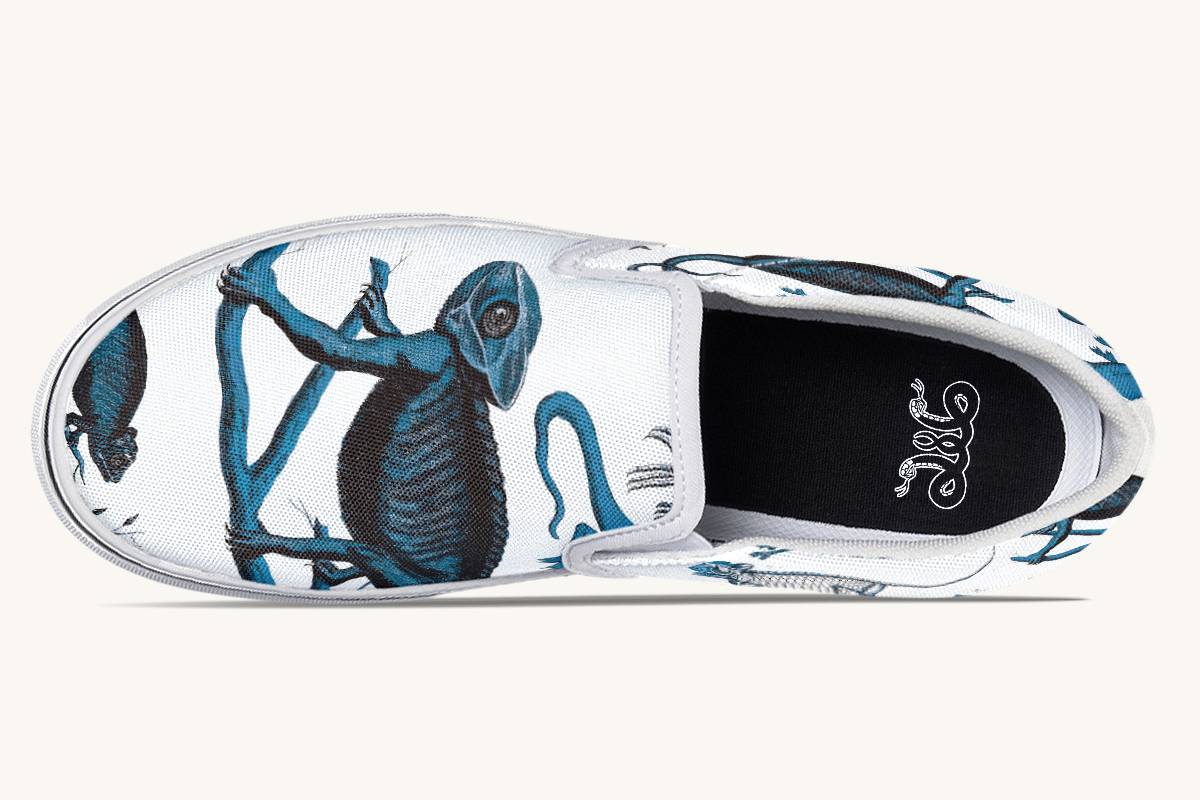 Reptilian In Bloom Blue on White Slip On Shoes - Jaded Lament
