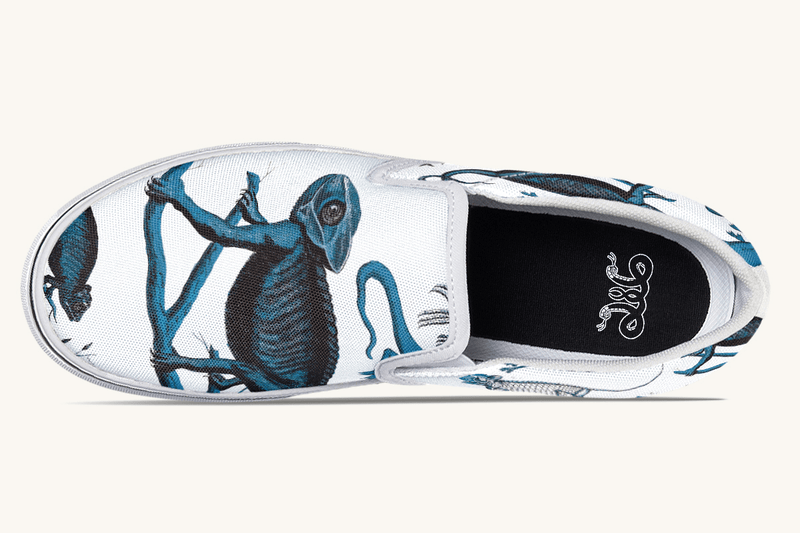 Reptilian In Bloom Blue on White Slip On Shoes - Jaded Lament