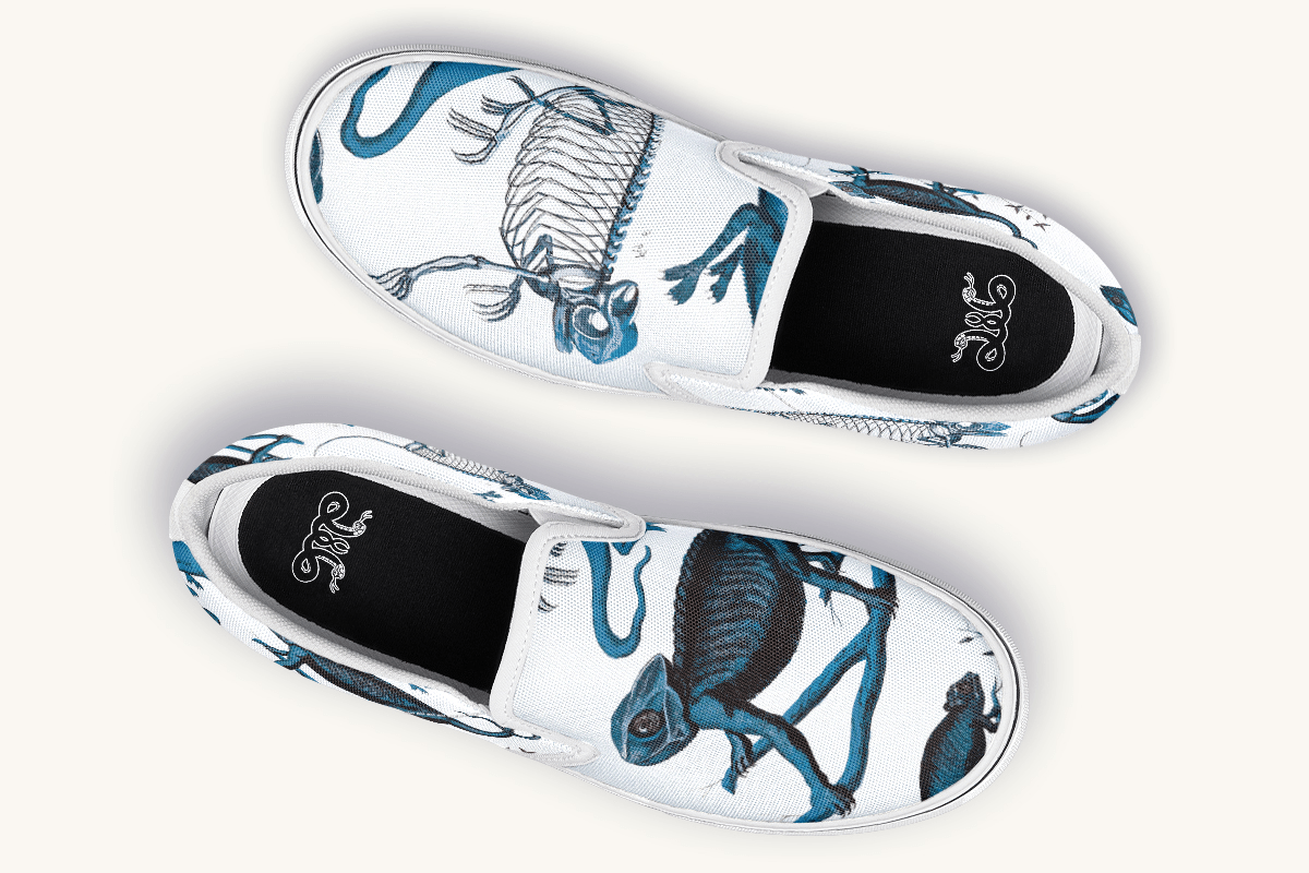 Reptilian In Bloom Blue on White Slip On Shoes - Jaded Lament