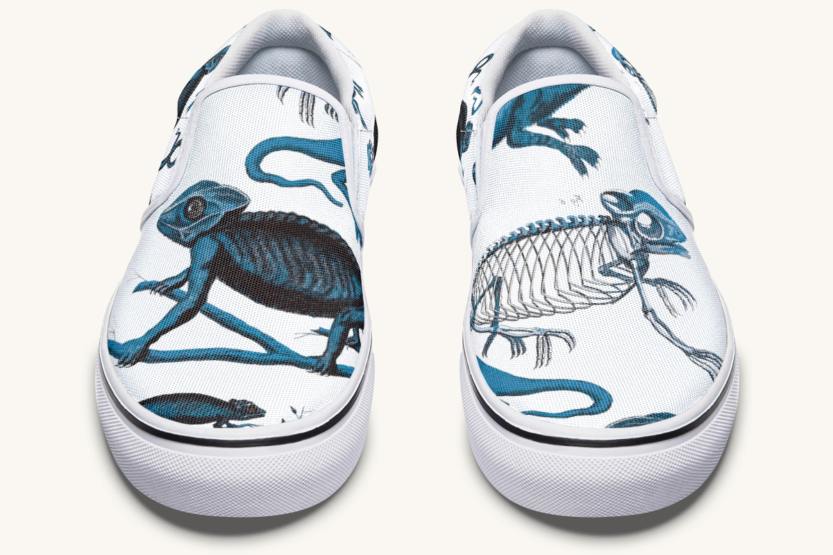 Reptilian In Bloom Blue on White Slip On Shoes - Jaded Lament