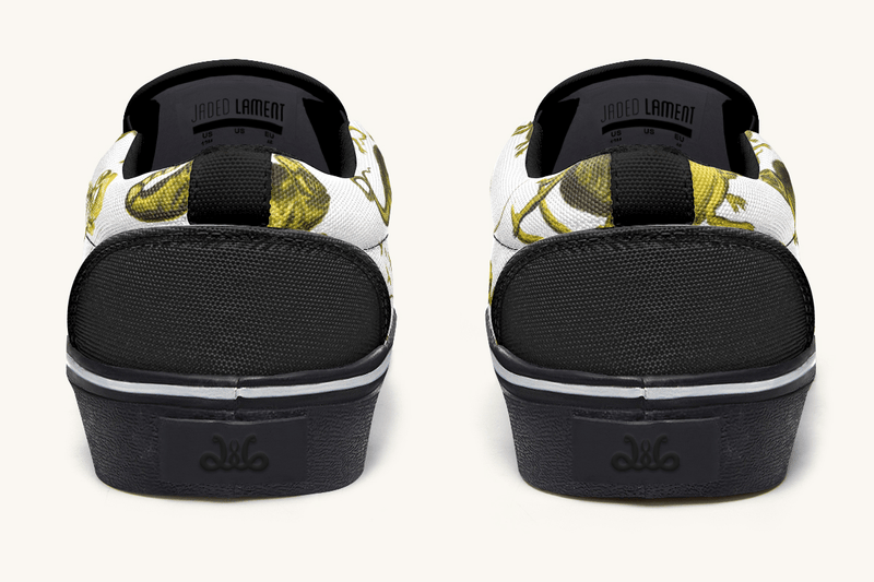 Reptilian In Bloom White and Gold Slip On Shoes - Jaded Lament