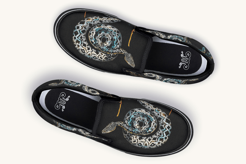 Serpent in Bloom Multicolor Snake on Black Slip On Shoes - Jaded Lament
