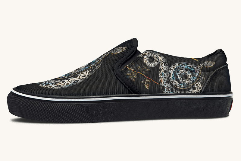 Serpent in Bloom Multicolor Snake on Black Slip On Shoes - Jaded Lament