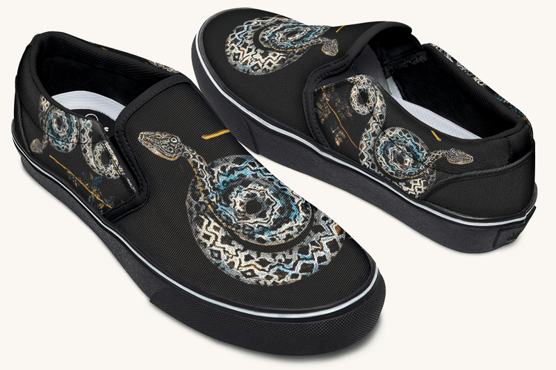 Serpent in Bloom Multicolor Snake on Black Slip On Shoes - Jaded Lament