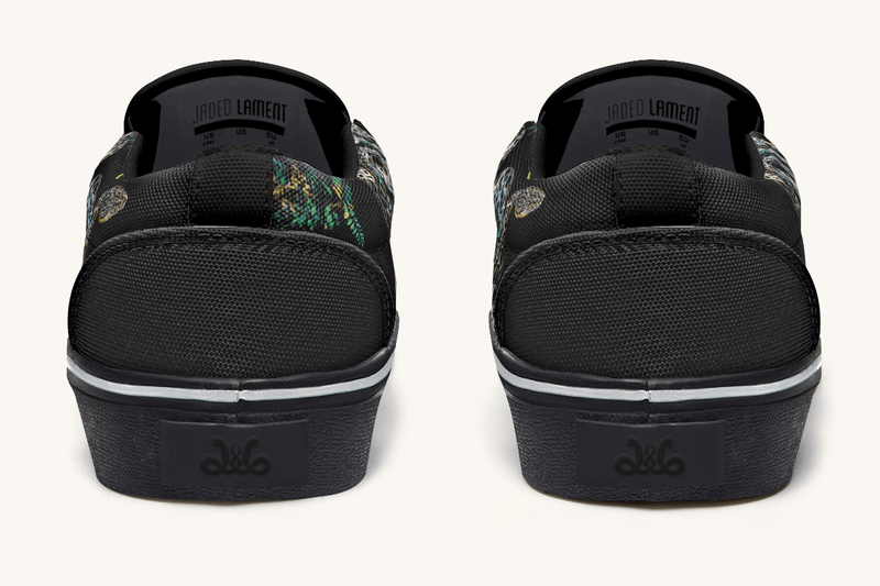 Serpent in Bloom Multicolor Snake on Black Slip On Shoes - Jaded Lament