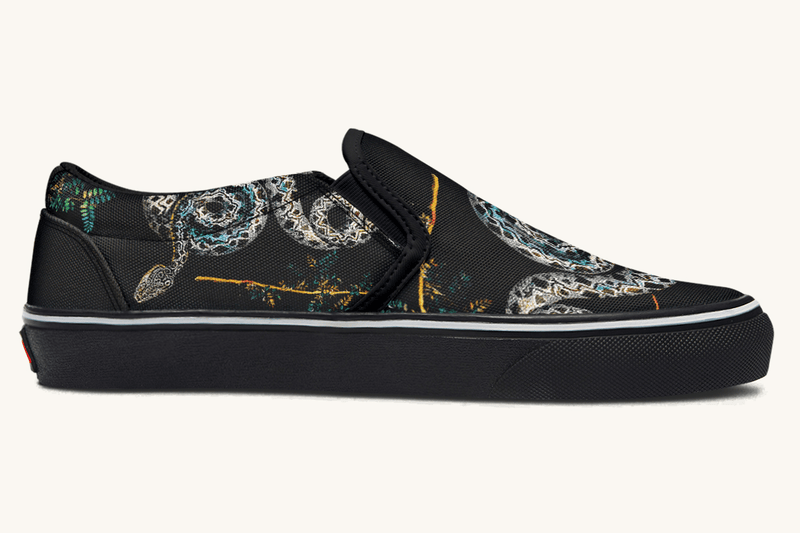 Serpent in Bloom Multicolor Snake on Black Slip On Shoes - Jaded Lament