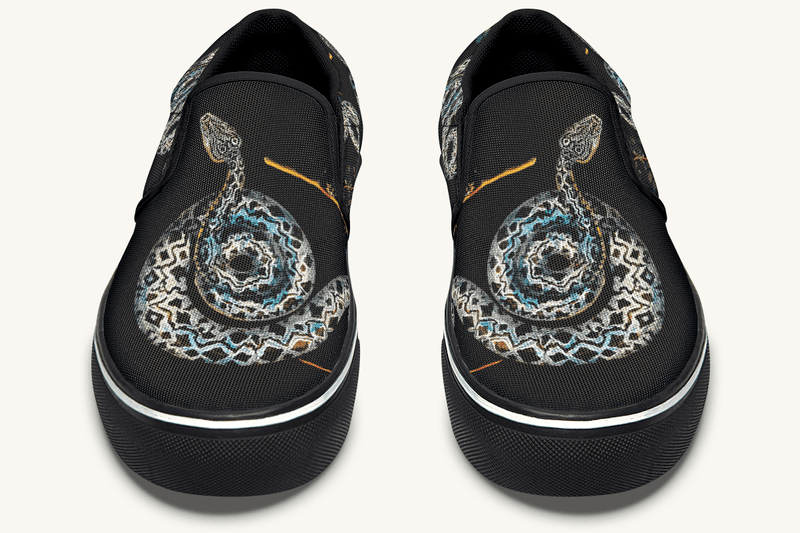 Serpent in Bloom Multicolor Snake on Black Slip On Shoes - Jaded Lament