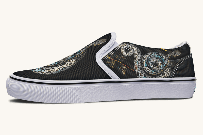 Serpent in Bloom Multicolor Snake on Black Slip On Shoes - Jaded Lament