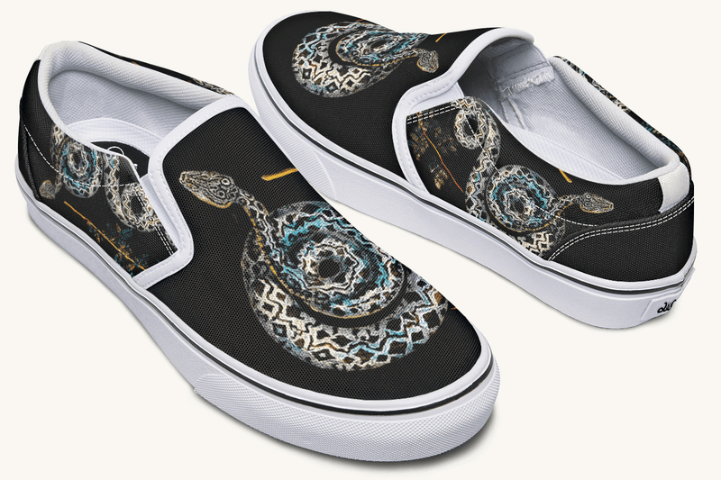 Serpent in Bloom Multicolor Snake on Black Slip On Shoes - Jaded Lament