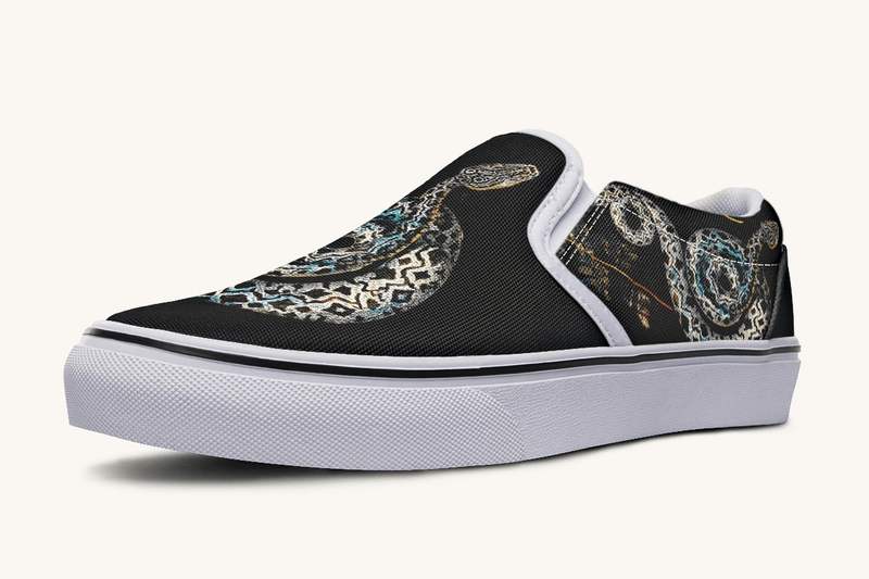 Serpent in Bloom Multicolor Snake on Black Slip On Shoes - Jaded Lament