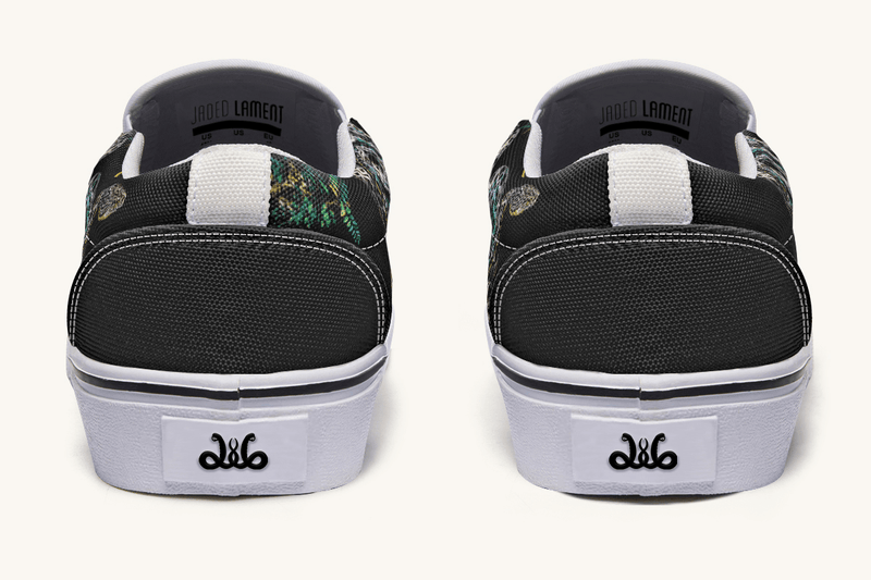Serpent in Bloom Multicolor Snake on Black Slip On Shoes - Jaded Lament